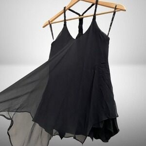 NEW Sky Black Handkerchief Hem Sheer Braided T-Back Feather Detail Top Small